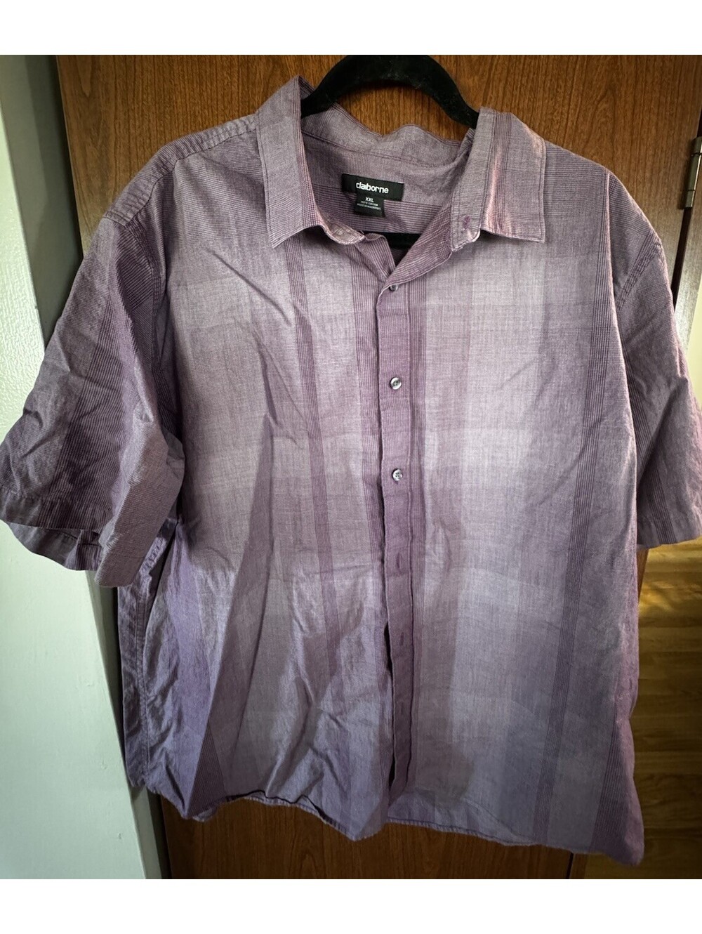 Claiborne Mens XXL Purple Micro Check Button Front Short Sleeve Cotton Shir